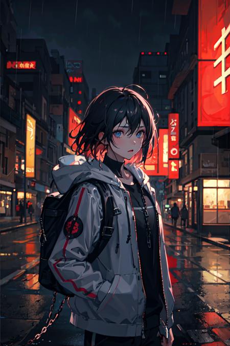 04570-1121666919-1girl, jacket, rain, outdoor, hoodie, open jacket, chain, backpack, looking at another, messy hair, trending on artstation, 8k r.png